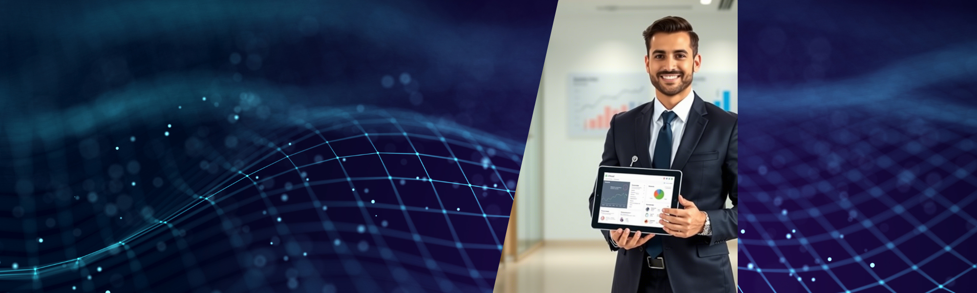 A professional businessman in a suit holding a tablet displaying CRM analytics, with a futuristic digital background.